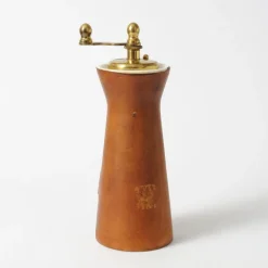 New Pamono Mid-Century Italian Cermamic and Leather Pepper Mill from Chiarugi
