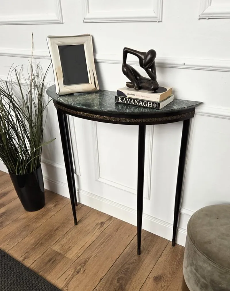 Pamono Mid-Century Italian Demi Lune Console Table with Green Marble Top, 1950s> Console Tables