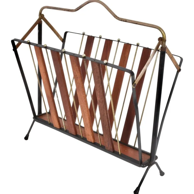 Outlet Pamono Mid-Century Italian Enameled Metal, Wood and Brass Magazine Rack, 1950s