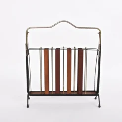 Outlet Pamono Mid-Century Italian Enameled Metal, Wood and Brass Magazine Rack, 1950s