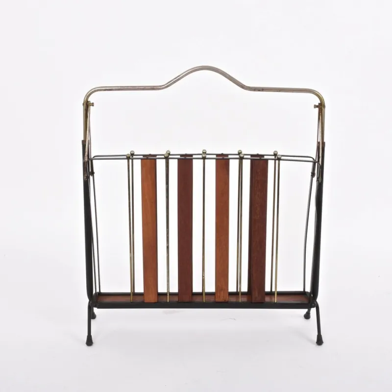 Outlet Pamono Mid-Century Italian Enameled Metal, Wood and Brass Magazine Rack, 1950s