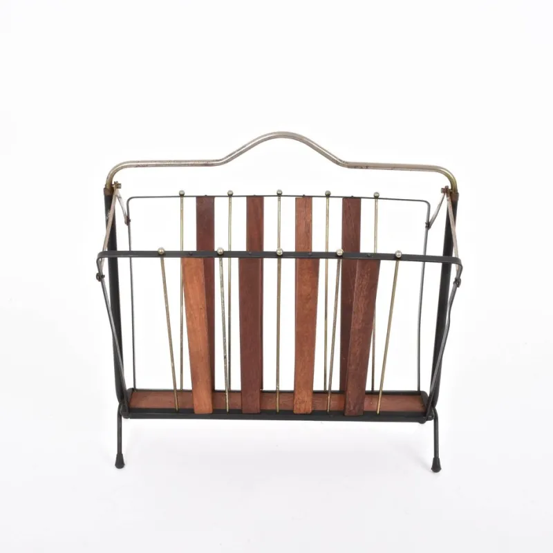 Outlet Pamono Mid-Century Italian Enameled Metal, Wood and Brass Magazine Rack, 1950s