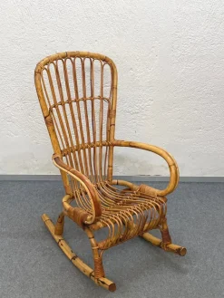 Pamono Mid-Century Italian French Riviera Rattan & Bamboo Rocking Chair, 1960s><noscript><img width=