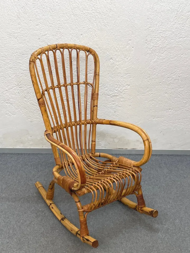 Pamono Mid-Century Italian French Riviera Rattan & Bamboo Rocking Chair, 1960s> Rocking Chairs
