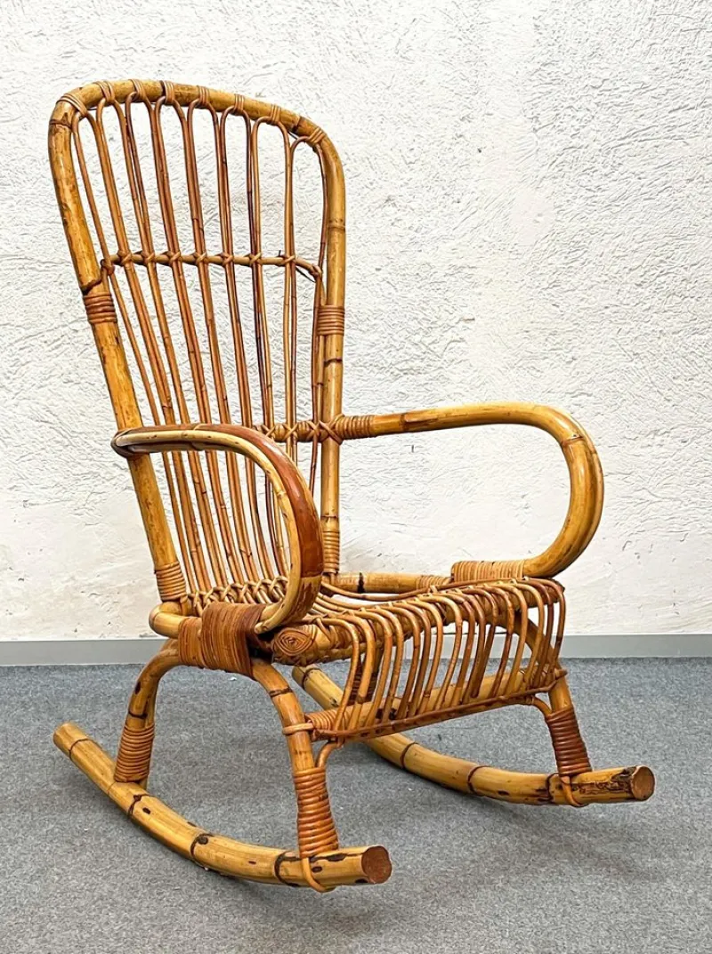 Pamono Mid-Century Italian French Riviera Rattan & Bamboo Rocking Chair, 1960s> Rocking Chairs