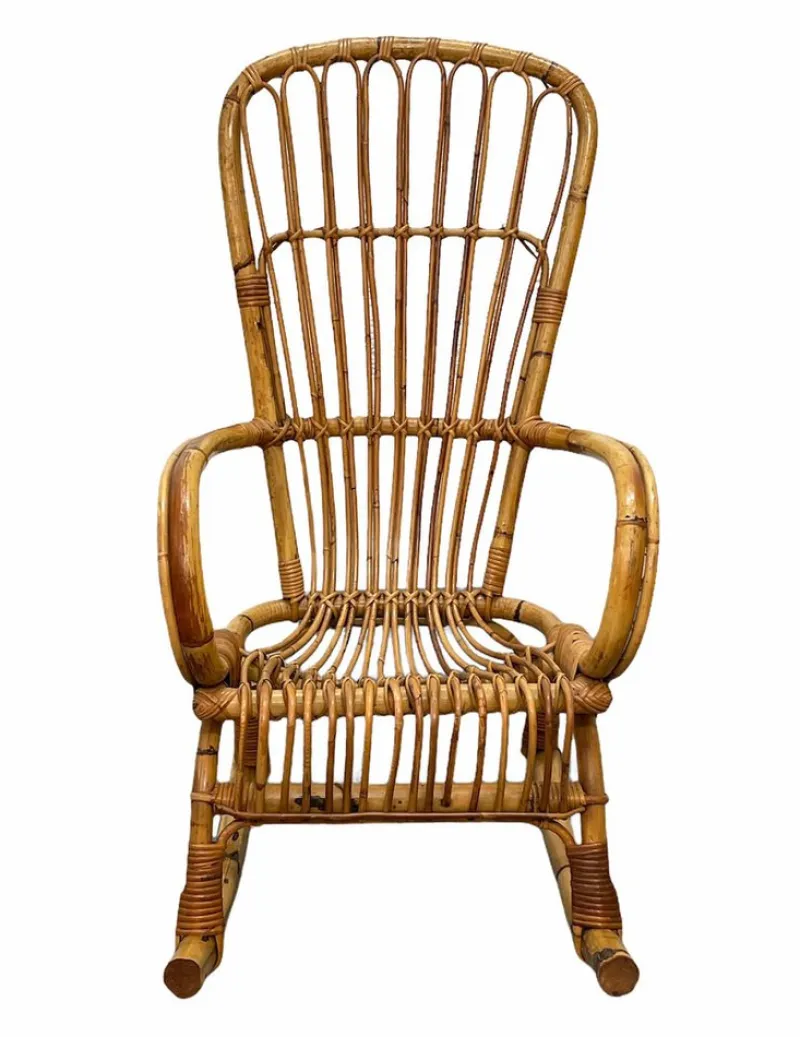 Pamono Mid-Century Italian French Riviera Rattan & Bamboo Rocking Chair, 1960s> Rocking Chairs