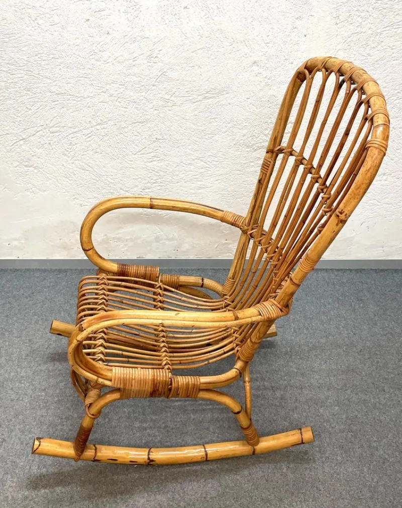 Pamono Mid-Century Italian French Riviera Rattan & Bamboo Rocking Chair, 1960s> Rocking Chairs