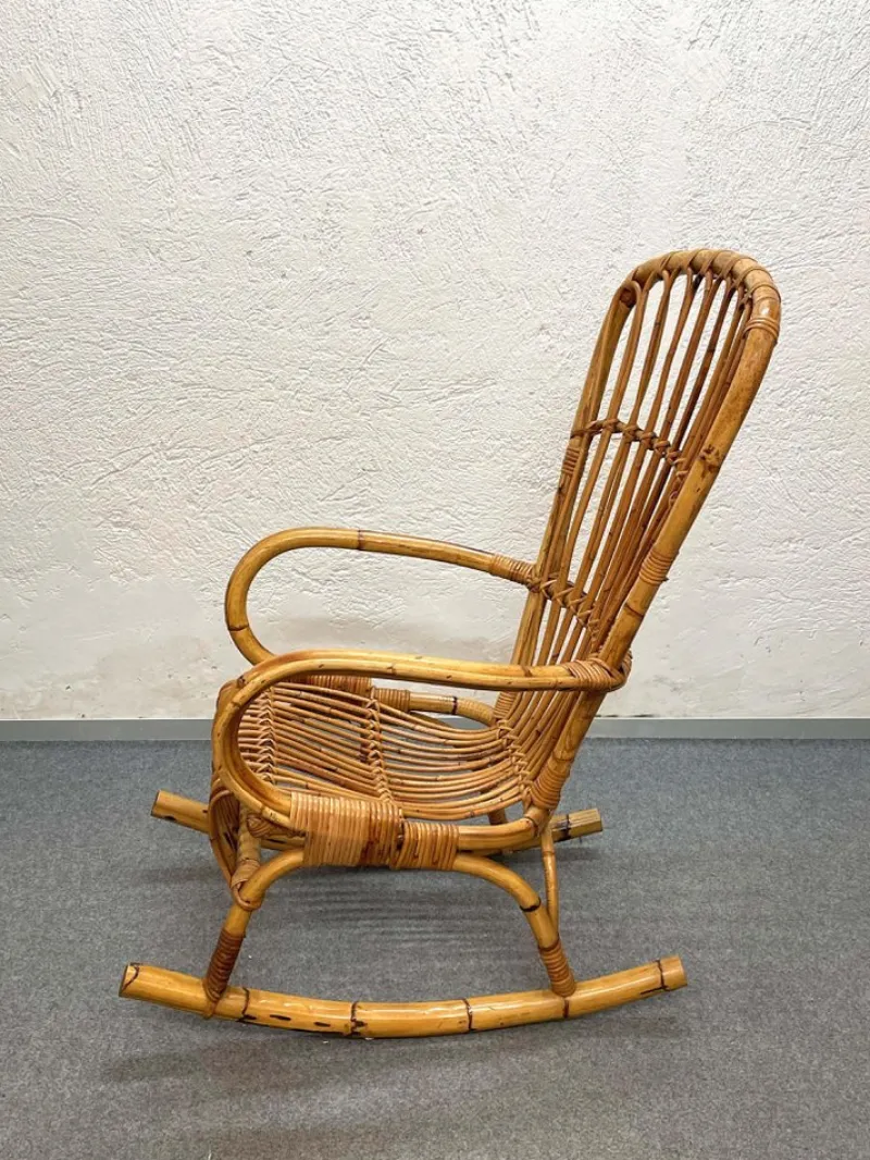 Pamono Mid-Century Italian French Riviera Rattan & Bamboo Rocking Chair, 1960s> Rocking Chairs
