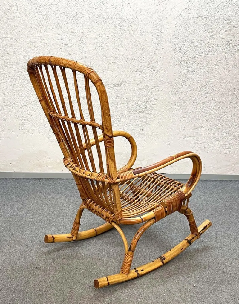 Pamono Mid-Century Italian French Riviera Rattan & Bamboo Rocking Chair, 1960s> Rocking Chairs