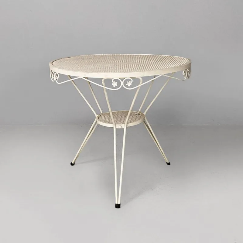 Pamono Mid-Century Italian Modern White Iron Round Garden Table with Flower Decor, 1960> Garden Tables