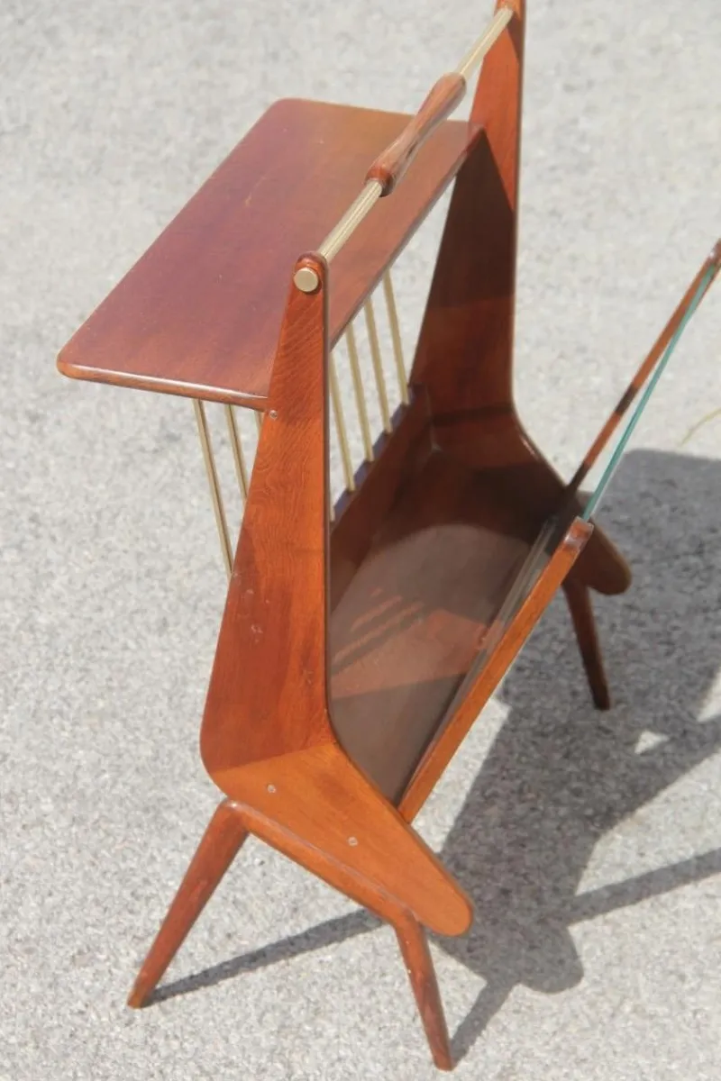 Pamono Mid-Century Italian Modern Geometric Wood & Brass Magazine Rack, 1950s> Magazine Racks