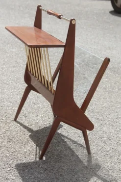 Pamono Mid-Century Italian Modern Geometric Wood & Brass Magazine Rack, 1950s><noscript><img width=