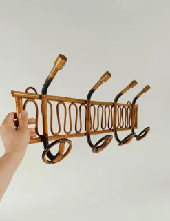Pamono Mid-Century Italian Riviera Rattan and Bamboo Wall Coat Rack / Wall Hanger, 1960s><noscript><img width=