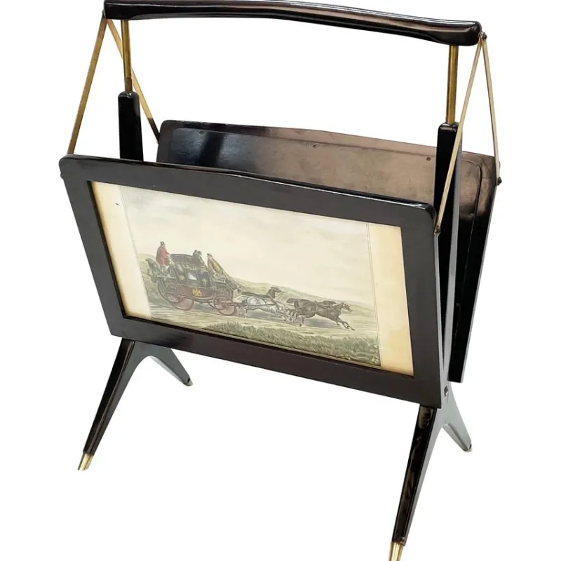 Clearance Pamono Mid-Century Italian Wood & Brass Foldable Magazine Rack by Cesare Lacca for Arredoluce, 1950s