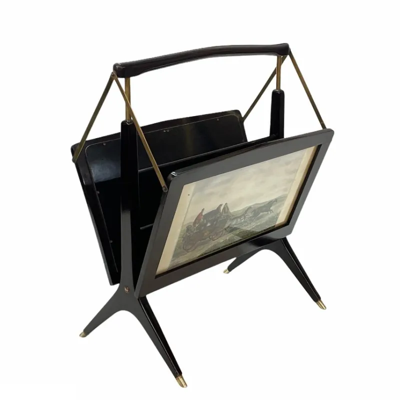 Clearance Pamono Mid-Century Italian Wood & Brass Foldable Magazine Rack by Cesare Lacca for Arredoluce, 1950s