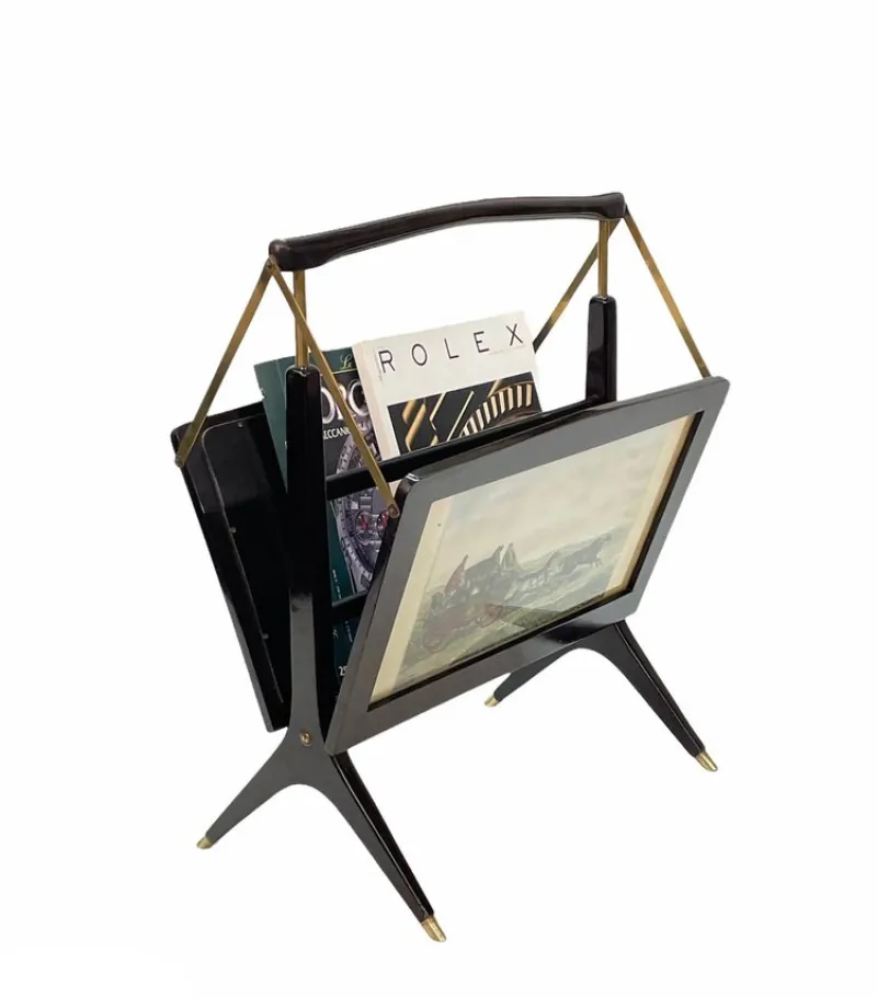Clearance Pamono Mid-Century Italian Wood & Brass Foldable Magazine Rack by Cesare Lacca for Arredoluce, 1950s