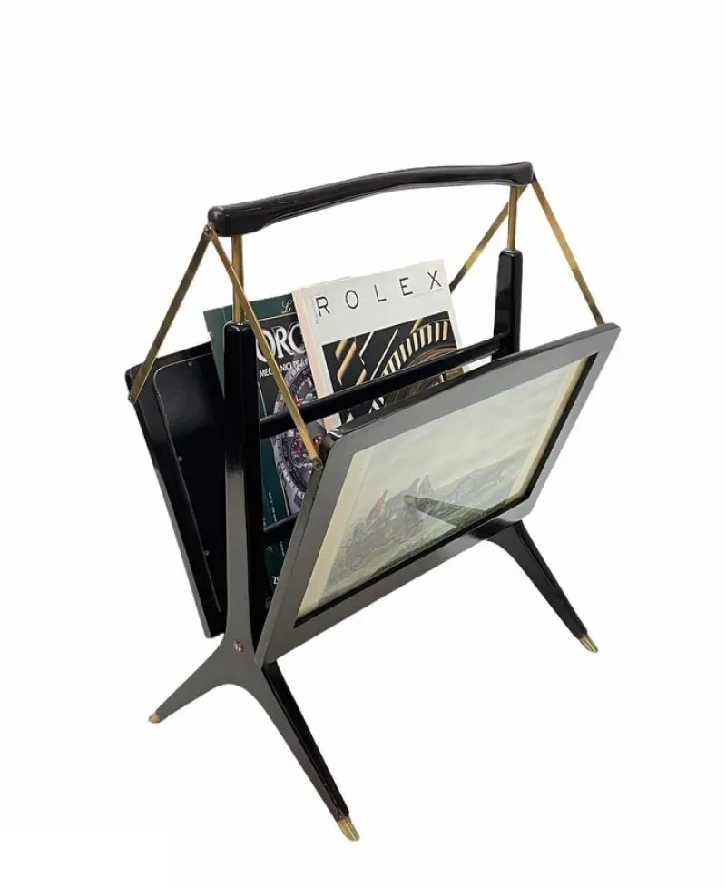 Clearance Pamono Mid-Century Italian Wood & Brass Foldable Magazine Rack by Cesare Lacca for Arredoluce, 1950s