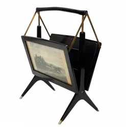 Clearance Pamono Mid-Century Italian Wood & Brass Foldable Magazine Rack by Cesare Lacca for Arredoluce, 1950s