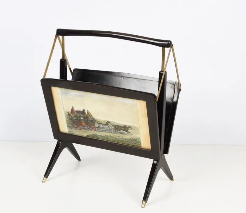 Clearance Pamono Mid-Century Italian Wood & Brass Foldable Magazine Rack by Cesare Lacca for Arredoluce, 1950s