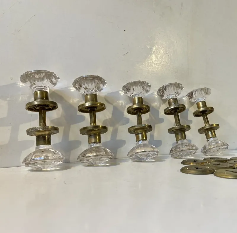 Sale Pamono Mid-Century Lounge Door Knobs in Brass and Glass by Verrina Sweden, 1970s, Set of 5