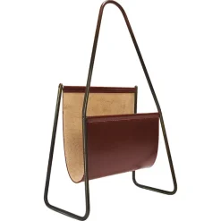 Pamono Mid-Century Magazine Rack in Brass & Brown Leather attributed to Carl Auböck, Austria, 1950s> Magazine Racks