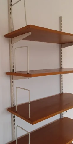 Hot Pamono Mid-Century Minimalist Bookcase with Adjustable Shelves in Yellow-Brown Wood and Book Supports for White Painted Iron Frame from Sparrings