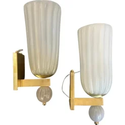 New Pamono Mid-Century Modern Brass and Murano Glass Wall Sconces in the style of Barovier, 1990s, Set of 2