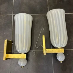 New Pamono Mid-Century Modern Brass and Murano Glass Wall Sconces in the style of Barovier, 1990s, Set of 2