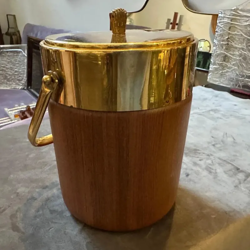 Outlet Pamono Mid-Century Modern Brass and Wood Ice Bucket by Aldo Tura for Macabo, 1950s