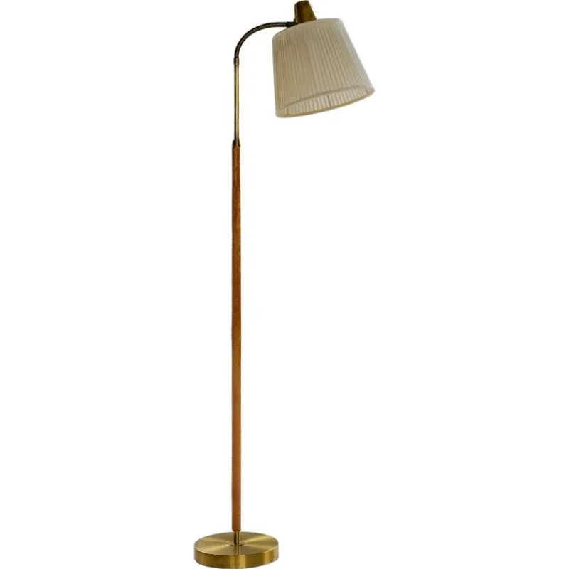 Pamono Mid-Century Modern Brass and Brown Leather Floor Lamp from Falkenbergs Belysning, Sweden, 1960s> Floor Lamps