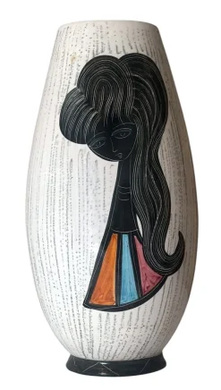 Outlet Pamono Mid-Century Modern Ceramic Vase with Stylized Girl and Geometric Motifs, 1960s