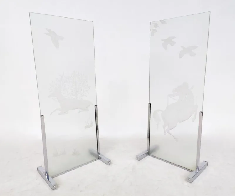 Pamono Mid-Century Modern Engraved Glass Panels, 1950s, Set of 2