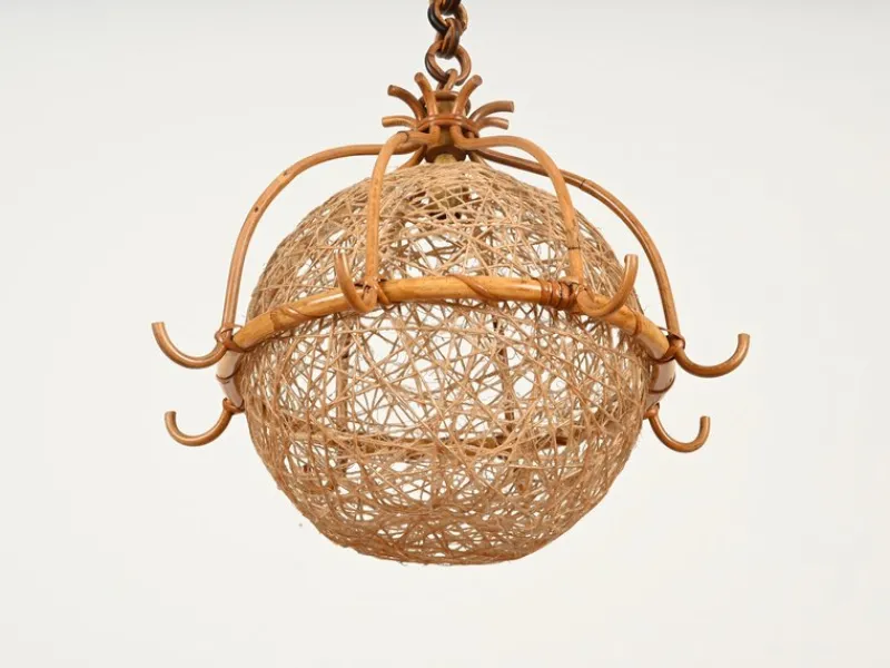 Clearance Pamono Midcentury Modern French Riviera Rattan and Wicker Round Pendant with Chain, 1960