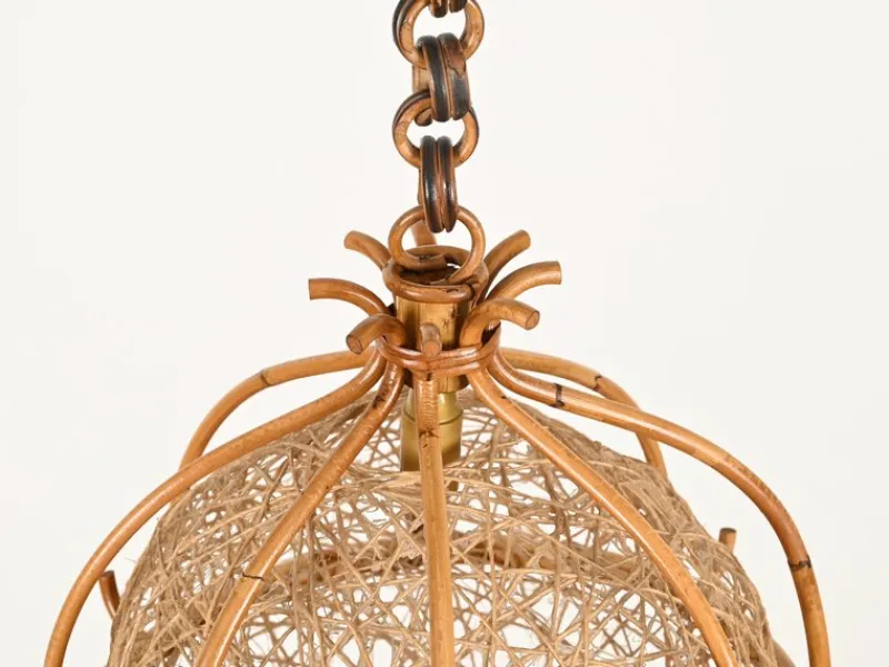 Clearance Pamono Midcentury Modern French Riviera Rattan and Wicker Round Pendant with Chain, 1960
