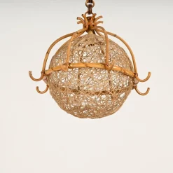 Clearance Pamono Midcentury Modern French Riviera Rattan and Wicker Round Pendant with Chain, 1960