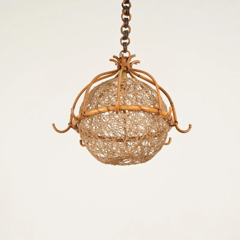 Clearance Pamono Midcentury Modern French Riviera Rattan and Wicker Round Pendant with Chain, 1960
