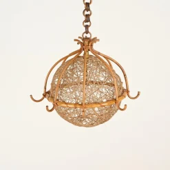 Clearance Pamono Midcentury Modern French Riviera Rattan and Wicker Round Pendant with Chain, 1960