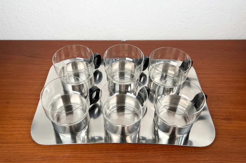 Pamono Mid-Century Modern German Tea Glasses and Tray from WMF, 1960s, Set of 7> Glassware