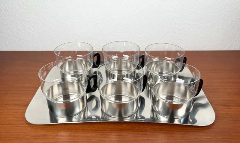 Pamono Mid-Century Modern German Tea Glasses and Tray from WMF, 1960s, Set of 7> Glassware