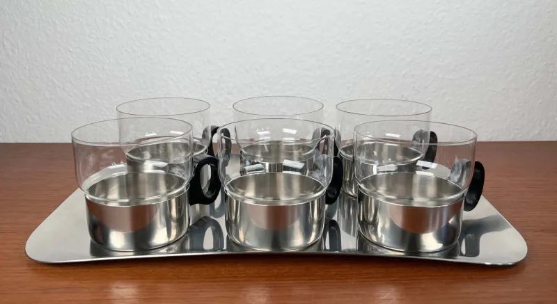 Pamono Mid-Century Modern German Tea Glasses and Tray from WMF, 1960s, Set of 7> Glassware
