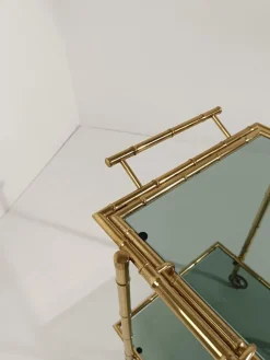 Pamono Mid-Century Modern Gilded Brass Faux Bamboo Bar Cart with Removable Tray Top, 1970s><noscript><img width=