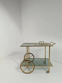 Pamono Mid-Century Modern Gilded Brass Faux Bamboo Bar Cart with Removable Tray Top, 1970s><noscript><img width=