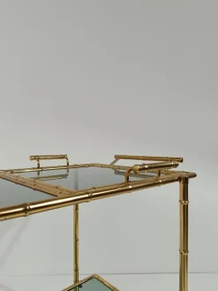 Pamono Mid-Century Modern Gilded Brass Faux Bamboo Bar Cart with Removable Tray Top, 1970s><noscript><img width=