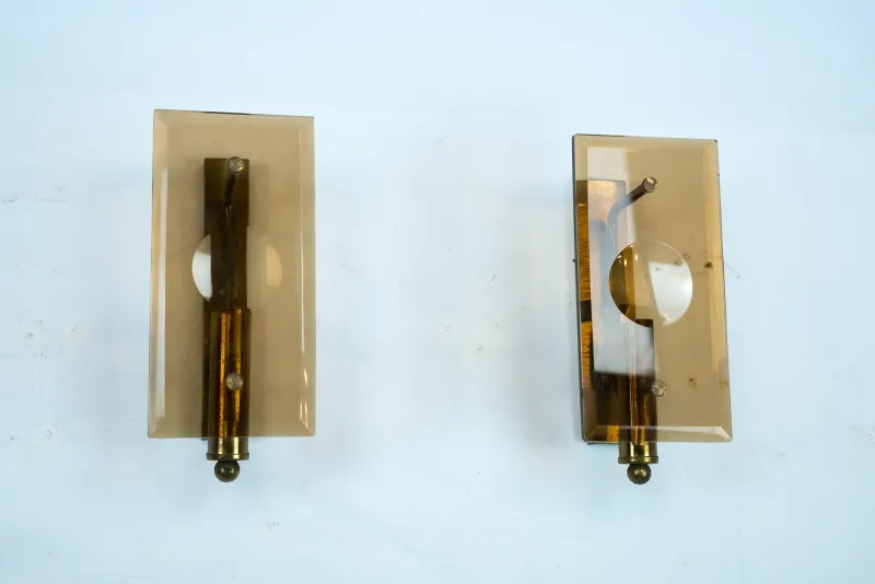 Pamono Mid-Century Modern Glass and Brass Sconces, 1960s, Set of 2> Wall Lights & Sconces