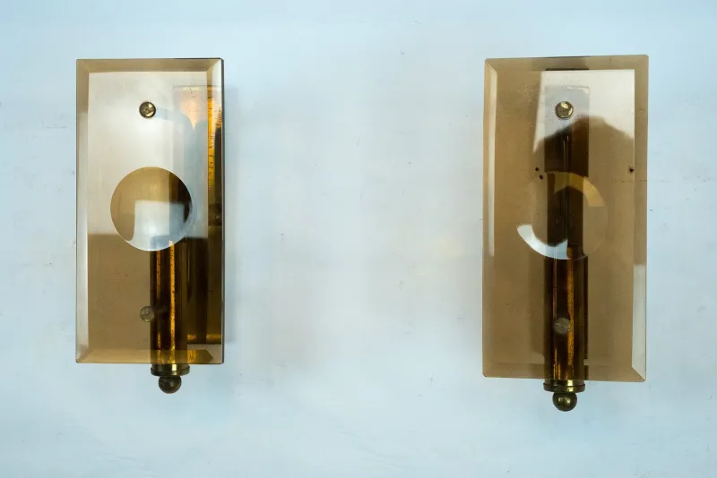 Pamono Mid-Century Modern Glass and Brass Sconces, 1960s, Set of 2> Wall Lights & Sconces