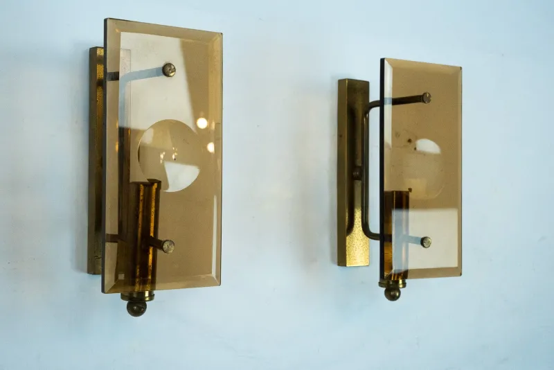 Pamono Mid-Century Modern Glass and Brass Sconces, 1960s, Set of 2> Wall Lights & Sconces