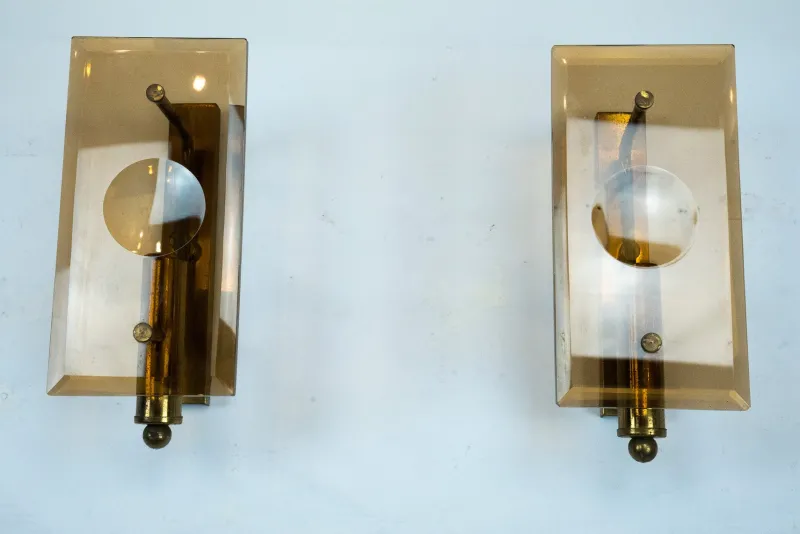 Pamono Mid-Century Modern Glass and Brass Sconces, 1960s, Set of 2> Wall Lights & Sconces