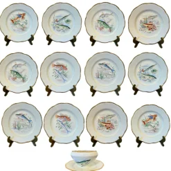 Online Pamono Mid-Century Modern Hand-Painted Fish Service by S.F.P. for Limoges, 1950, Set of 13