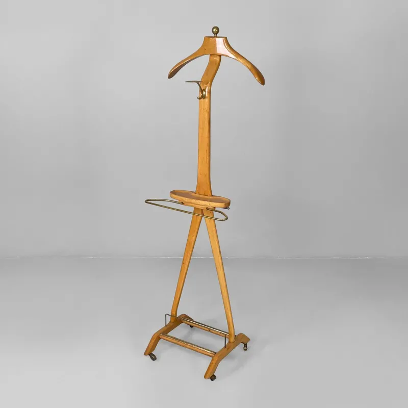 Pamono Mid-Century Modern Italian Wood and Brass Valet Stand from Fratelli Reguitti, 1960s> Racks, Hooks & Valets