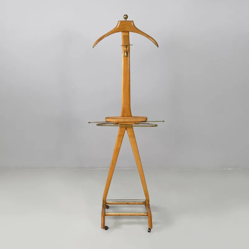 Pamono Mid-Century Modern Italian Wood and Brass Valet Stand from Fratelli Reguitti, 1960s> Racks, Hooks & Valets